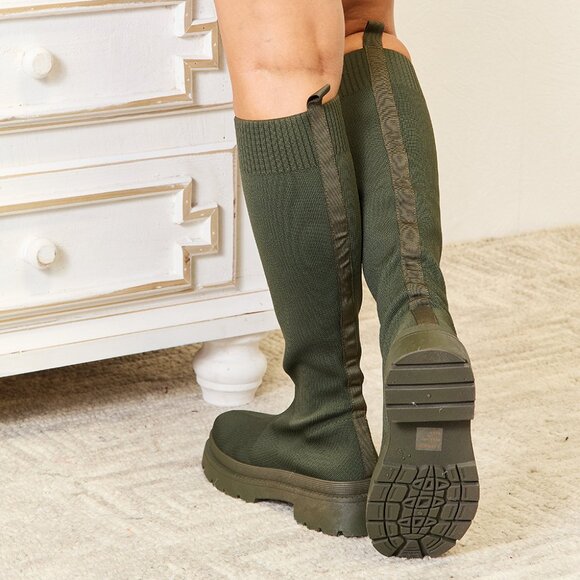Knee High Platform Sock Boots in Olive Green - Picture 3 of 5